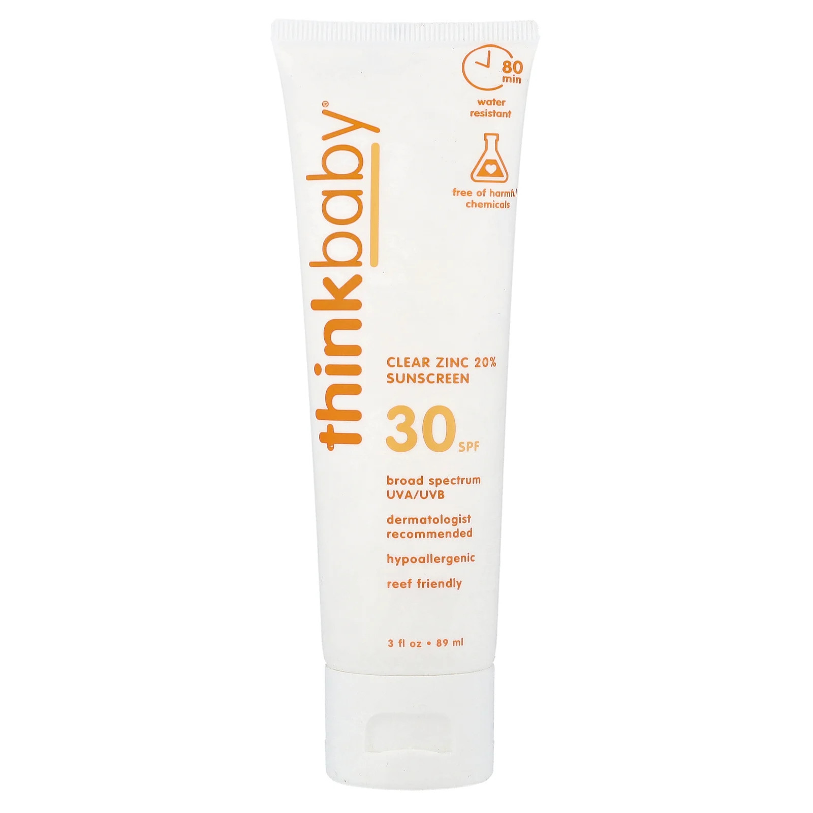 Thinkbaby Солнцезащитный крем с прозрачным цинком 20 SPF 30 без отдушек 3 жидких унции 89 мл 3290₽