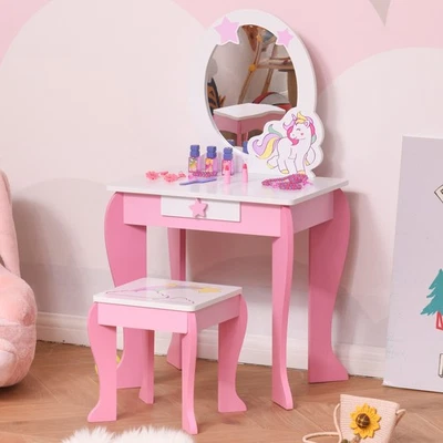 Kids Dressing Table, Girls Vanity Set w/ Mirror and Stool, Unicorn-Designed - Image 1 of 4