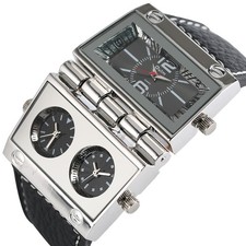 Reloj de cuarzo OULM para hombre con doble pantalla único plegable esfera de gran tamaño cuero punk regalo