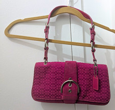 Rare Vintage Coach Pink Signature Suede Details Buckle Demi Baguette Purse
