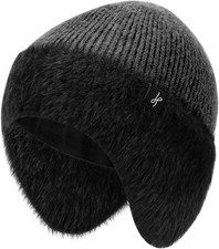 Winter Fleece-Lined Beanie with Earflaps, Warm Windproof Unisex Beanie Hat for S