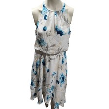 White House Black Market Floral Chiffon Dress Size 10 Sleeveless Blue Ivory Fit