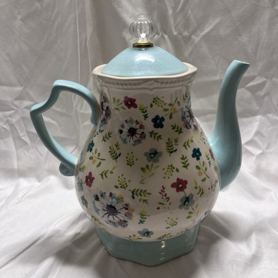 NWT Pioneer Woman 2.4 Qt Kari Robins egg BlueCoffee Pot Teapot Flower Accents