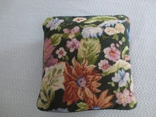 Zippered LARGE FLORAL on BLACK NEEDLEPOINT Accent PILLOW  - 14" x 14"