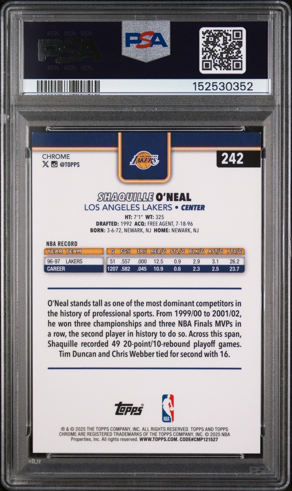 2025 TOPPS CHROME BLACK BASKETBALL REFRACTOR #242 SHAQUILLE O'NEAL 6/10 PSA 9 view 2