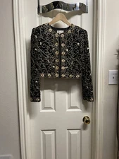Vintage Laurence Kazar Beaded black And Gold bolero Silk Jacket Size Medium