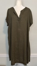 Tahari 100% Linen Short Sleeve Shift Dress Size 1X  Pull Over V Neck Beach Olive