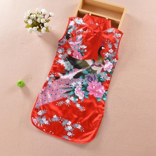 Lovely Chinese Traditional Style Peacock Cheongsam Silk Dress For Kids And Girls - Picture 2 of 33