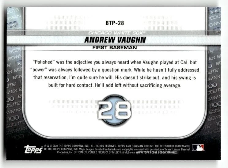 2020 Bowman #BTP-28 Andrew Vaughn Chrome Bowman Scouts Top 100 - Image 2 of 2