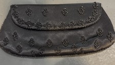 Vtg Black Satin Beaded Evening Clutch Bag