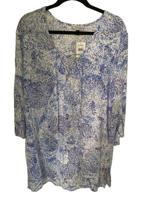 J Valdi Women's Long Sleeve Blue and White Print Lace up front Coverup Large NWT
