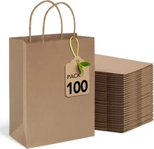 Brown Paper Bags 8X4.25X10.5 Inch 100 Pack,Kraft Gift Bags with Handles Bulk,Med