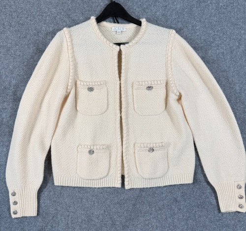J.Crew Odette Sweater Womens M Beige Wool Blend Hooks Front Jewel Buttons Detail