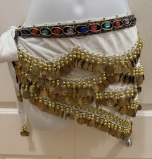 Belly Dancer Hip Scarf Skirt White Crushed Velvet Gold Coins Beaded Rhinestones