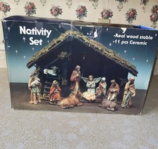 Nativity Set Real Wood Stable 11 PCs Ceramic With Box
