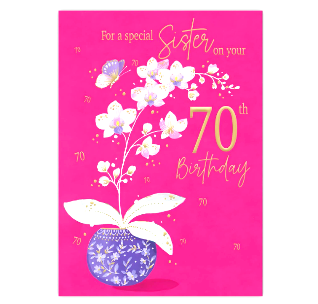 Birthday Card SISTER 70th 70. *9 Inch Card, Foil embossing, Paper pages inside*