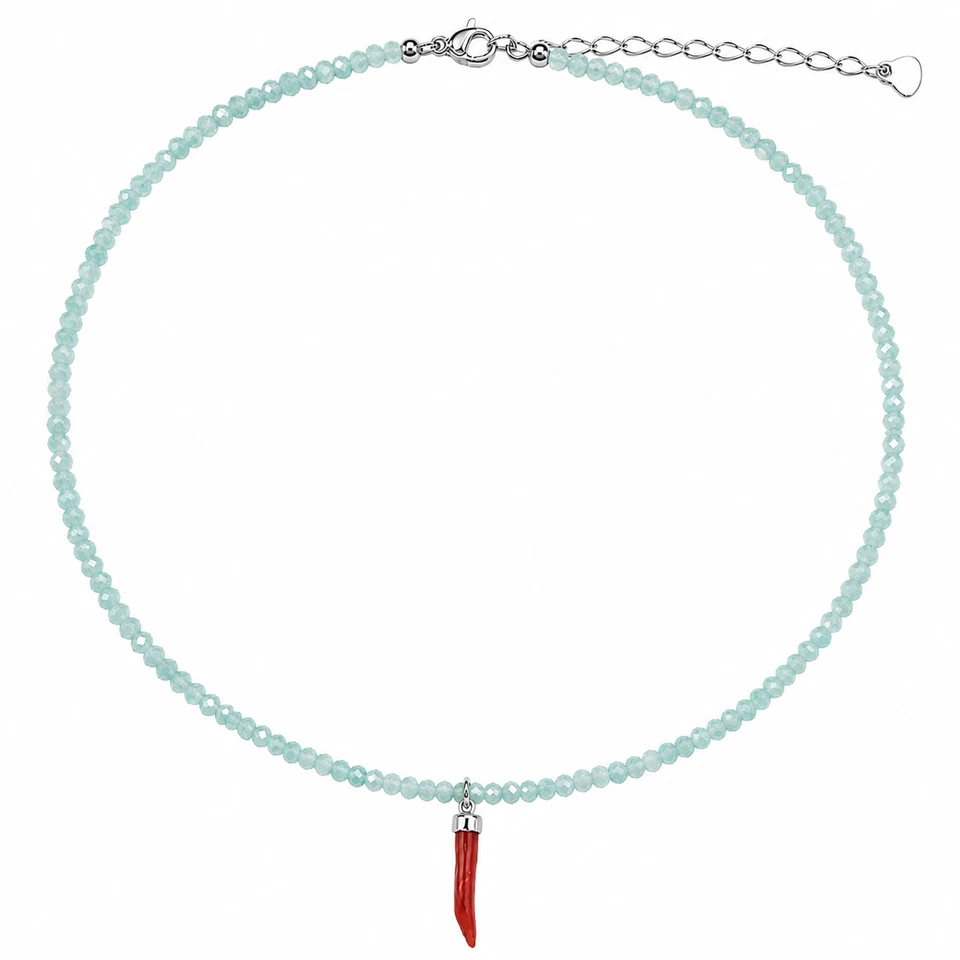 Collier en cristaux amazonites avec corne en corail et fermeture en acier - Photo 1/1