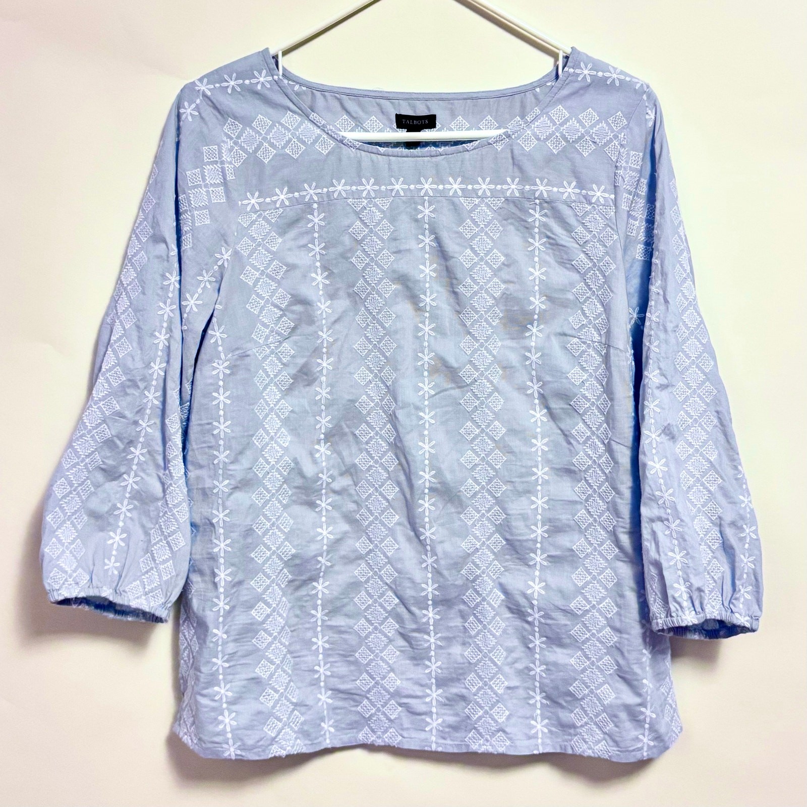 Talbots Cottagecore 100% Cotton Embroidered Top Blouse Light Blue Small