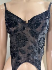 Vtg Victoria  s Secret Black Floral Velvet Flock Corset Bustier Top Gold Label M