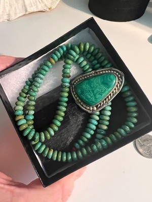 Navajo Sterling Malachite Pendant Signed (Terry Willams) Turquoise Bead Necklace