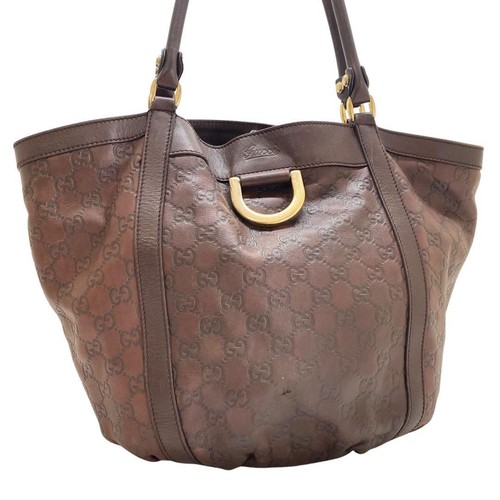 GUCCI 211982 002122 Shima GG Tote Bag Brown Leather Abby Gold Hardware Vintage
