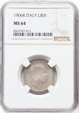 ITALY KINGDOM  1906-R 1 LIRA SILVER COIN CHOICE UNCIRCULATED, NGC CERTIFIED MS64