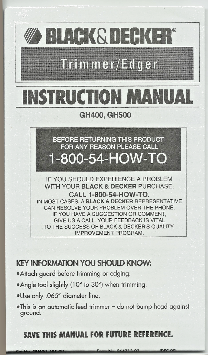 INSTRUCTION MANUAL for Black & Decker GH400 GH500 Grass Hog