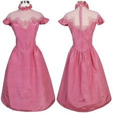 Vintage 70s 80s Pink Taffeta Net High Neck Ruffle Sleeve Prom Party Dress S M
