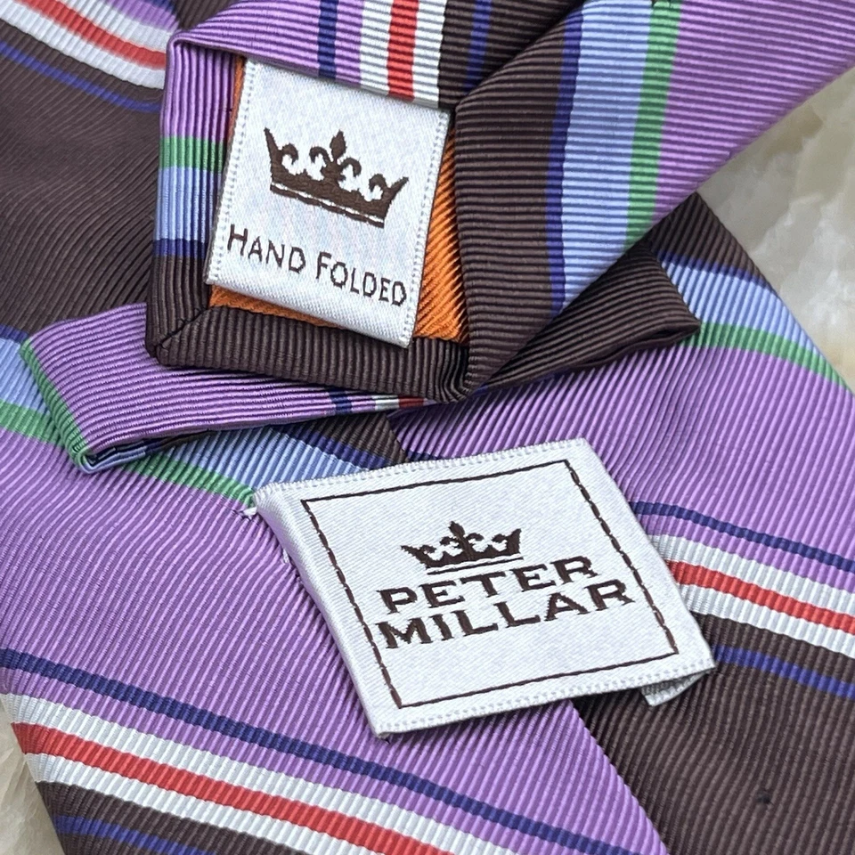 Peter Miller Ручной Склад Коричневый Лавандовый Разноцветный Полосатый Галстук Ручной Работы Шелк - Изображение 4 из 4