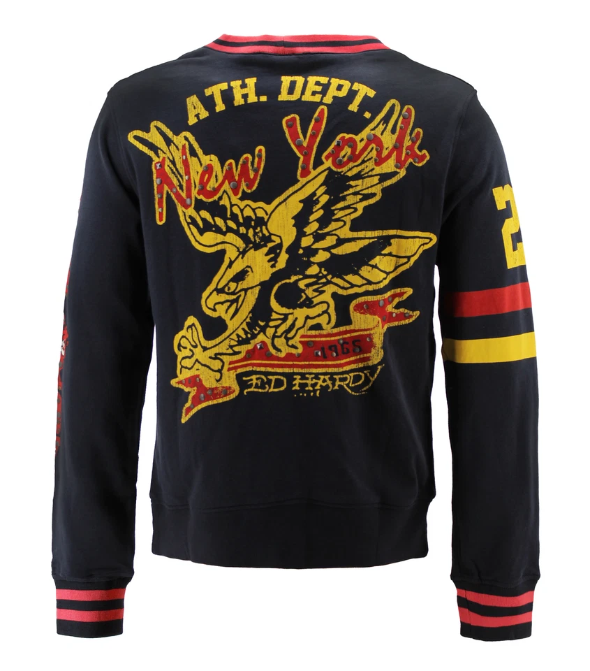 Suéter cárdigan atlético de algodón con logotipo bordado retro Ed Hardy para hombre Foto 3 de 4
