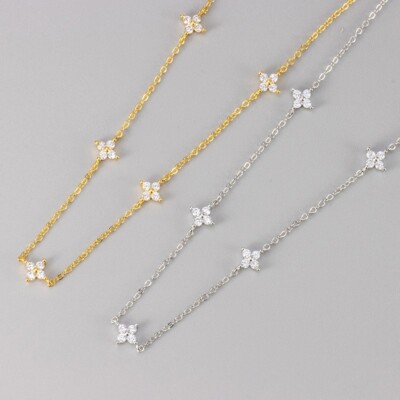 Chic Women Sterling Silver Plated Station Clover Choker Chain Necklace 16+2'' B10
