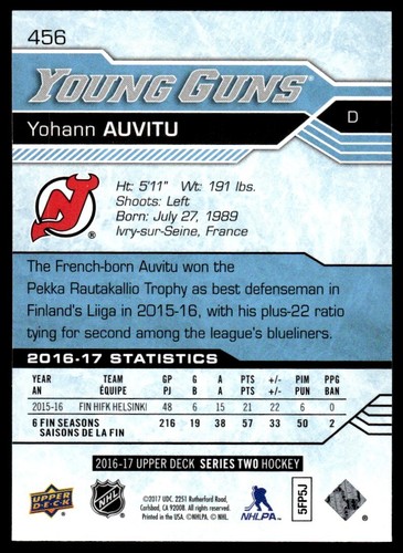 2016-17 Upper Deck Young Guns Yohann Auvitu .ROOKIE Rookie New Jersey Devils - Picture 2 of 2