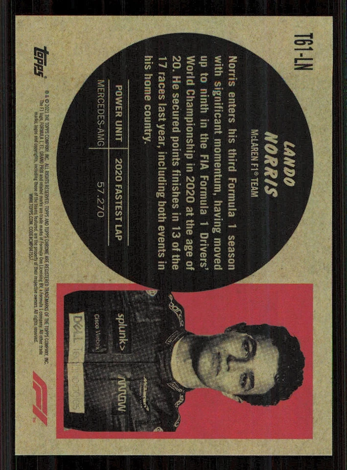 2021 Topps Chrome Formula 1 '61 Topps Sports Cars #T61LN Lando Norris - Image 2 of 2