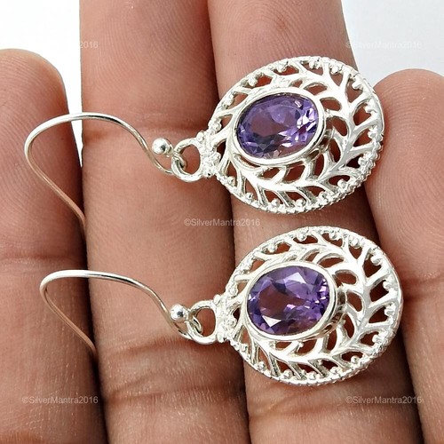 Amethyst Gemstone 925 Silver Dangle Sister Tribal Bezel Hook Birthday Earrings - Picture 3 of 8