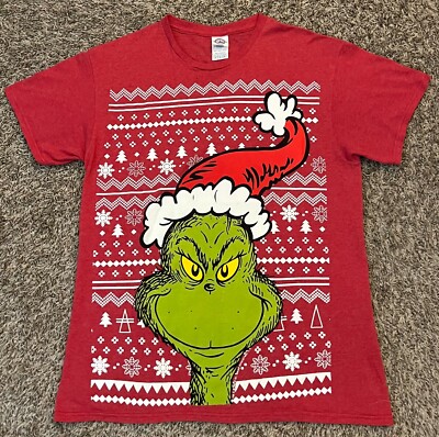 The Grinch Christmas Sweater Graphic Men's Red T-Shirt Size Medium