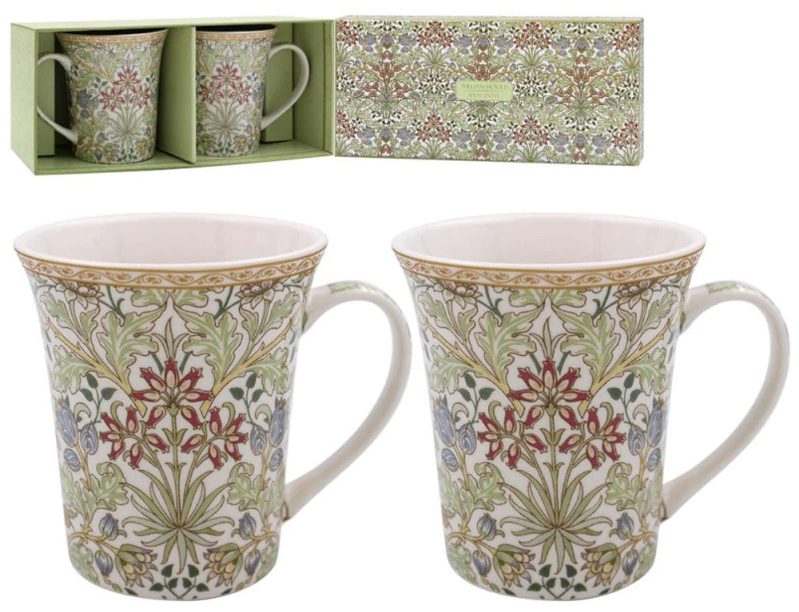 2 CHINA MUGS William Morris Hyacinth Floral GIFT BOXED PRESENT MUG COFFEE TEA