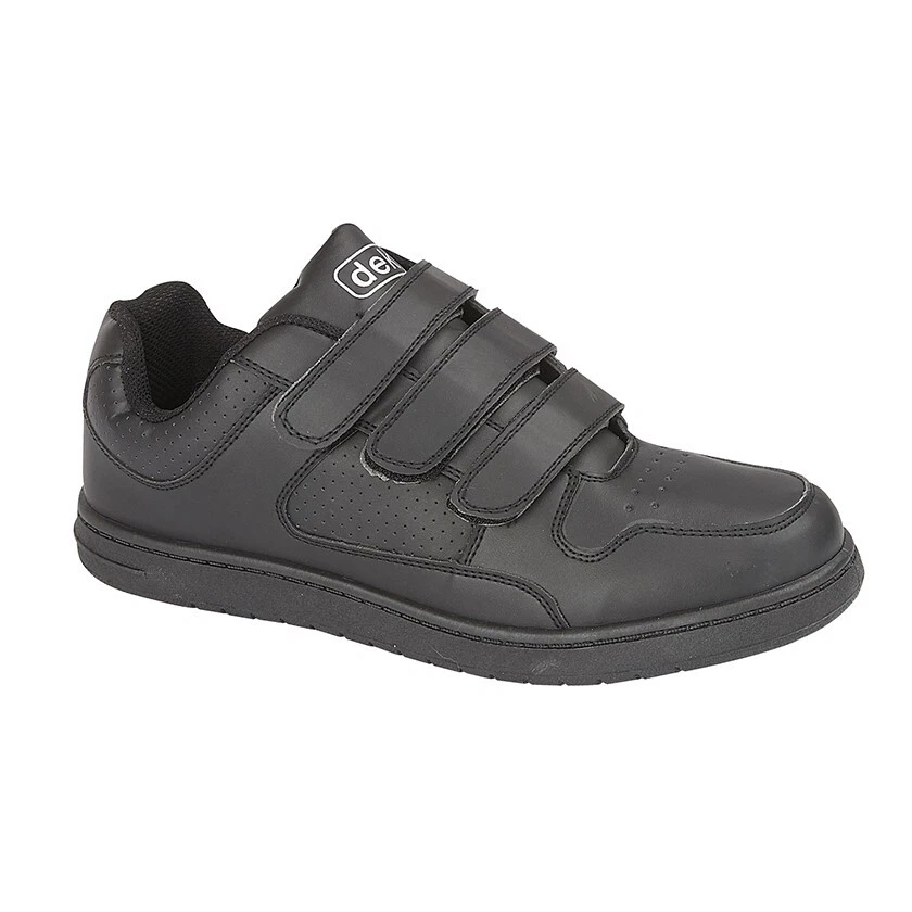 DEK Mens Trainer Black Strap Up Flat Bowling Touch Fastening Faux Leather Size
