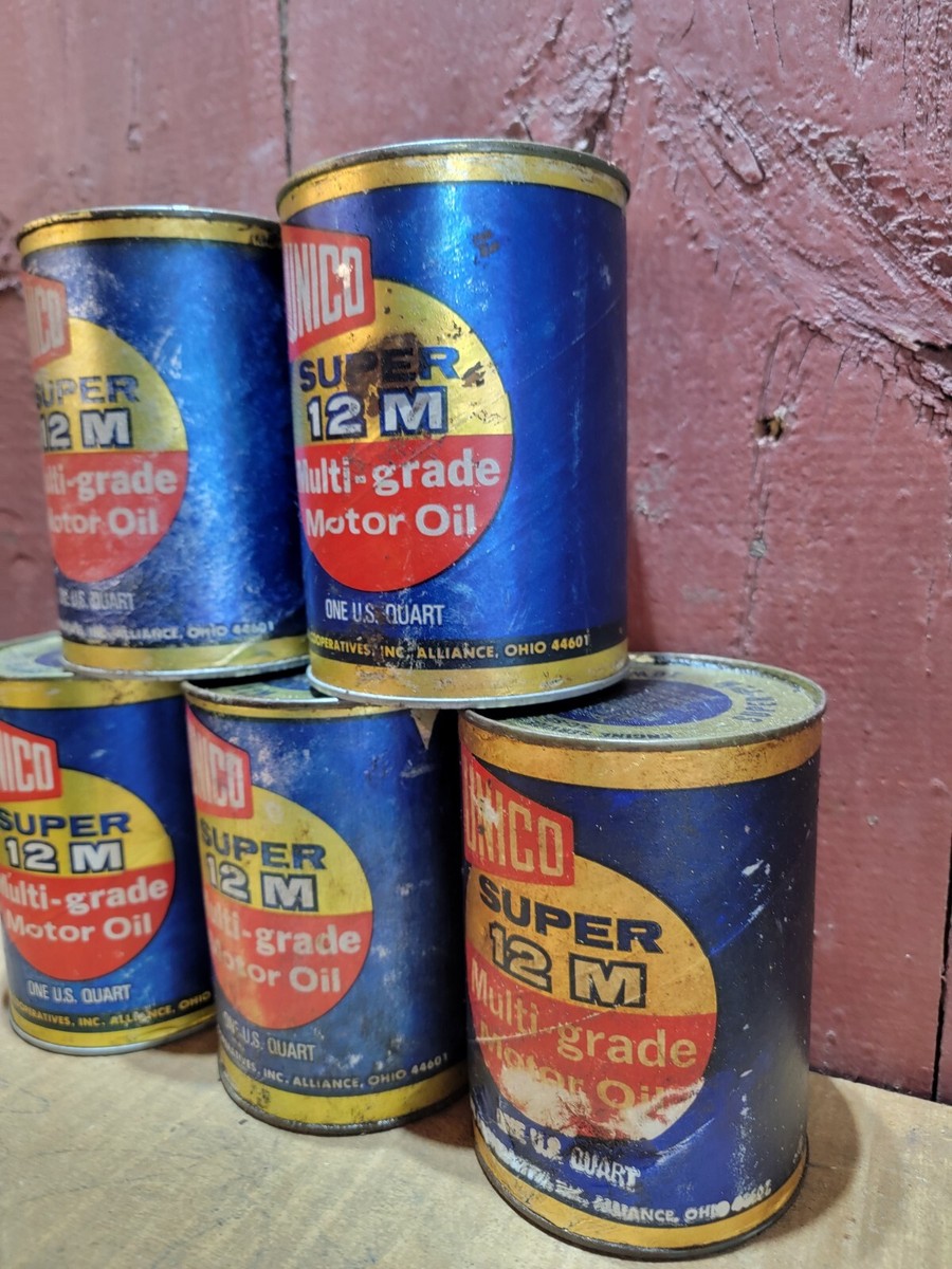 UNICO SUPER 12-M MULTI-GRADE MOTOR OIL EMPTY QUART CANS LOT OF 5
