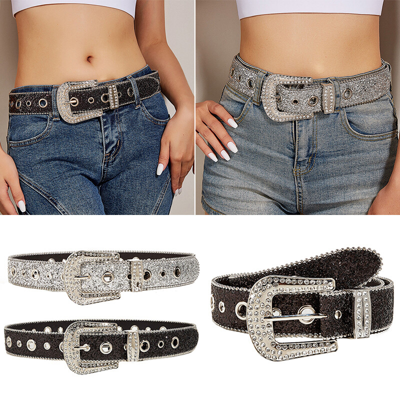 JasGood Leren damesriem met strasssteentjes, western cowgirl cowboy bling klinknagels lederen riem voor jeans broek, C-roze, 135 cm: Anzug für Hosengröße 111cm-123cm