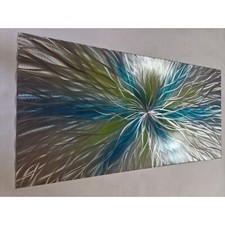 Modern abstract metal wall art. Super Nova. Green, teal and silver 