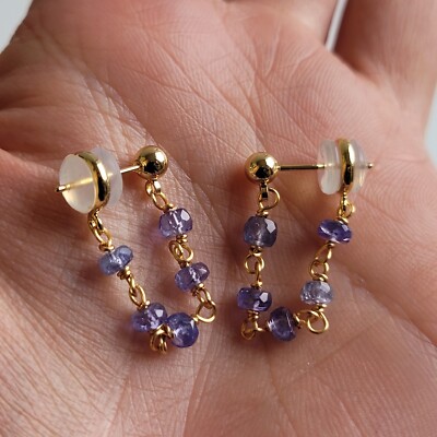Boucles D'oreilles Argent Sterling Et Or Jaune Avec Tanzanite - Fait Main, Modèle #1388 - Neuves