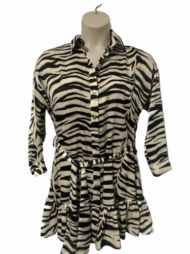 Zara Animal Print Minikleid Bindeband Taille schwarz beige Streifen Satin Knopfleiste groß - Bild 4 von 9