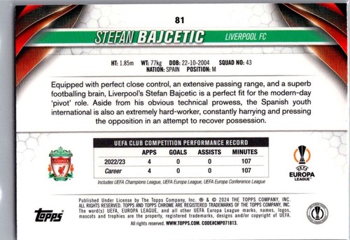 2023-24 Topps Cromo UEFA UCC Prisma Rosa/99 Futuras Estrellas #81 Stefan Bajcetic - Imagen 2 de 2