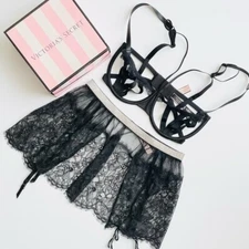 32DD SMALL Victoria’s Secret black harness bra set bling garter skirt belt