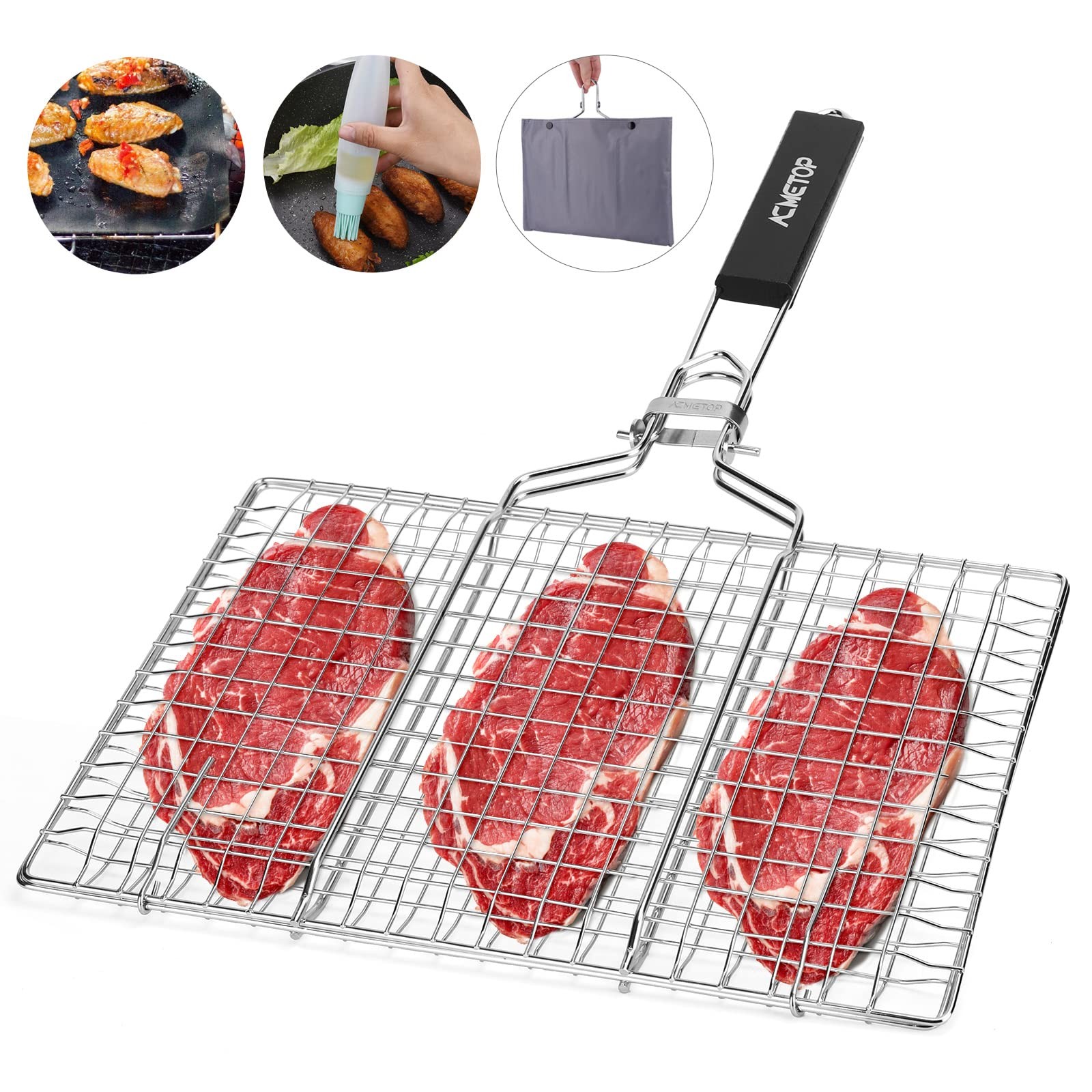 ACMETOP Portable BBQ Grill Basket, Stainless Steel Fish Grill Basket with Rem...