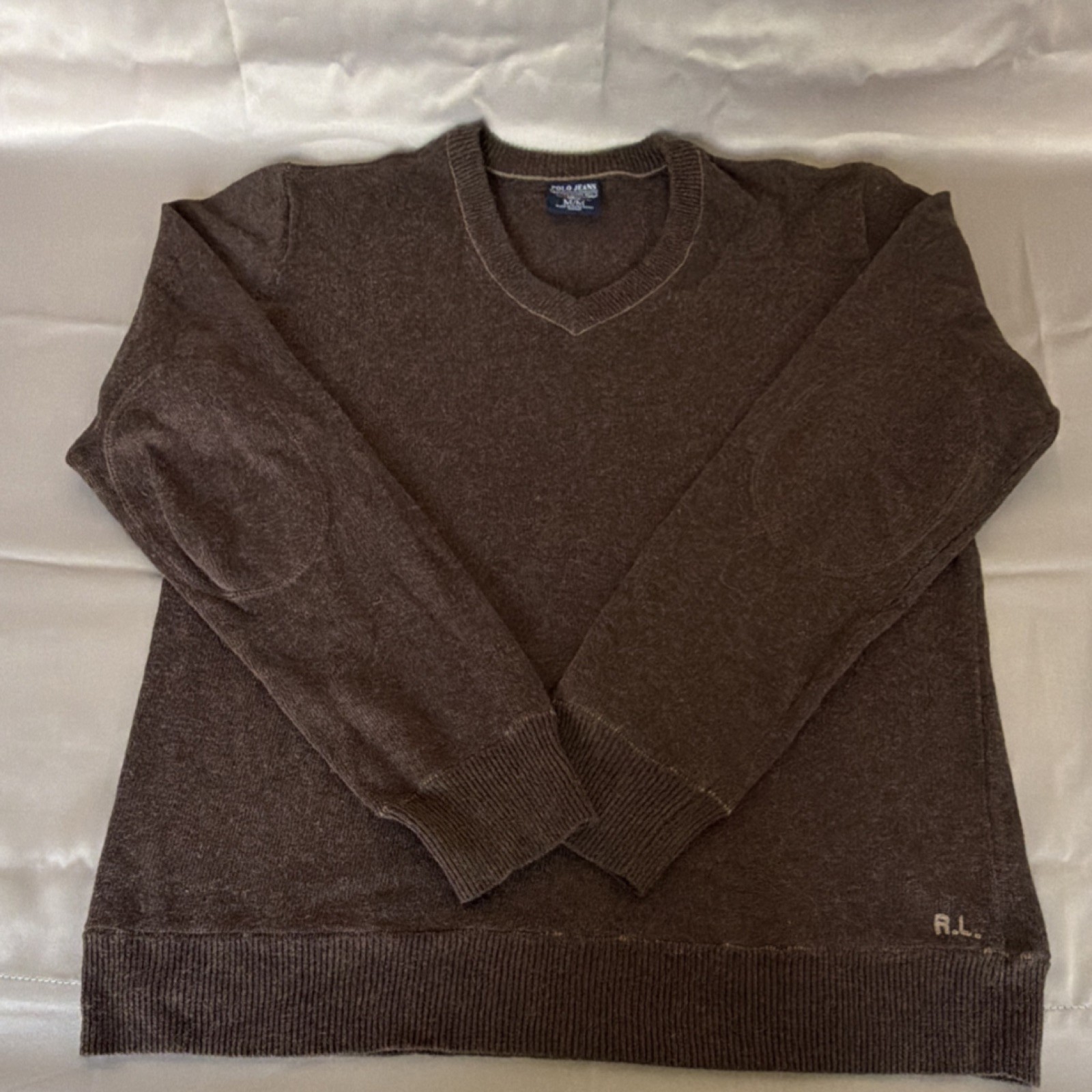 Polo Jeans Ralph Lauren Men's Brown V-Neck Pullover Sweater Elbow Patches Size M