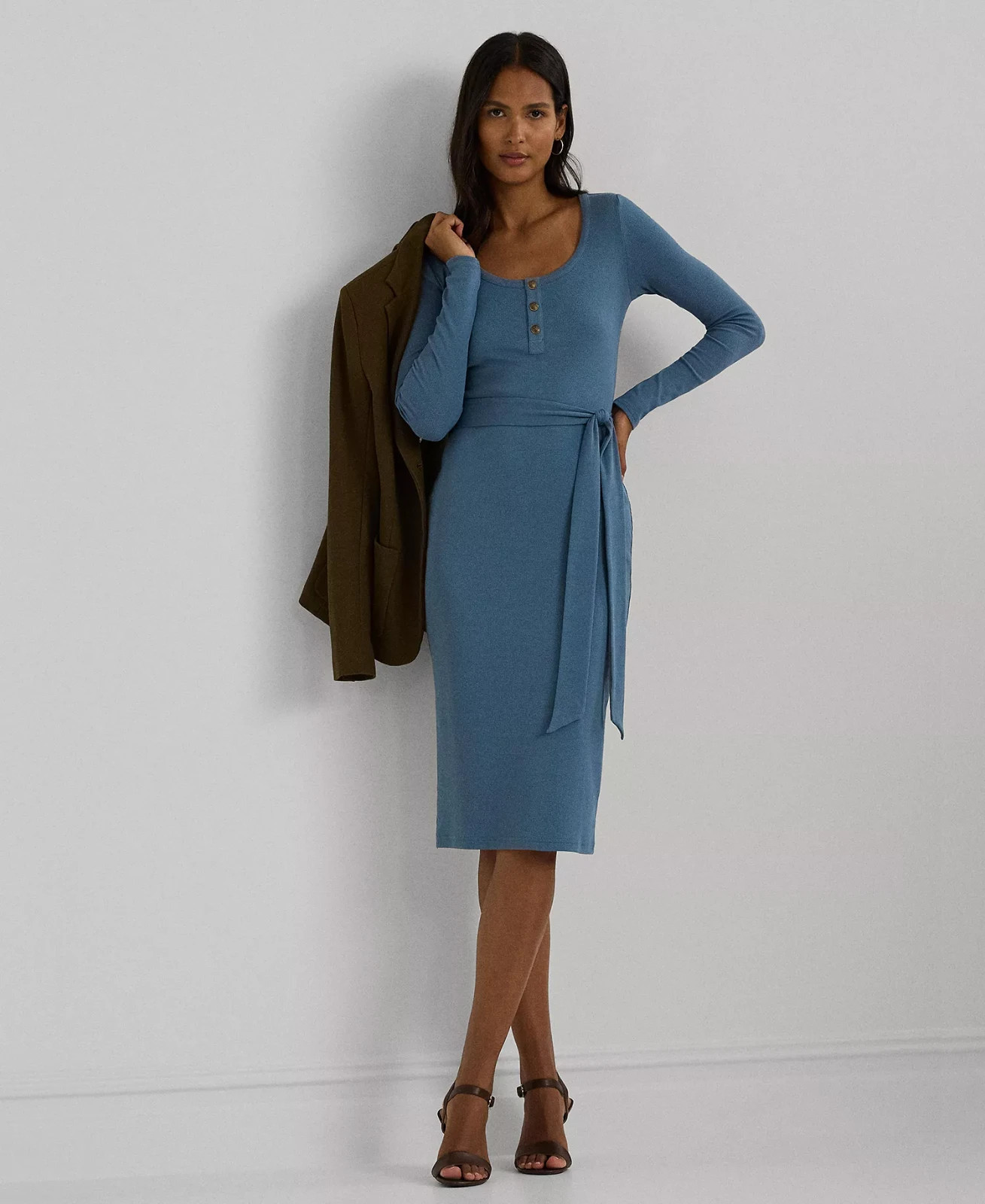 Lauren Ralph Lauren Rib Knit Henley Belted Midi Dress XL Long Sleeve