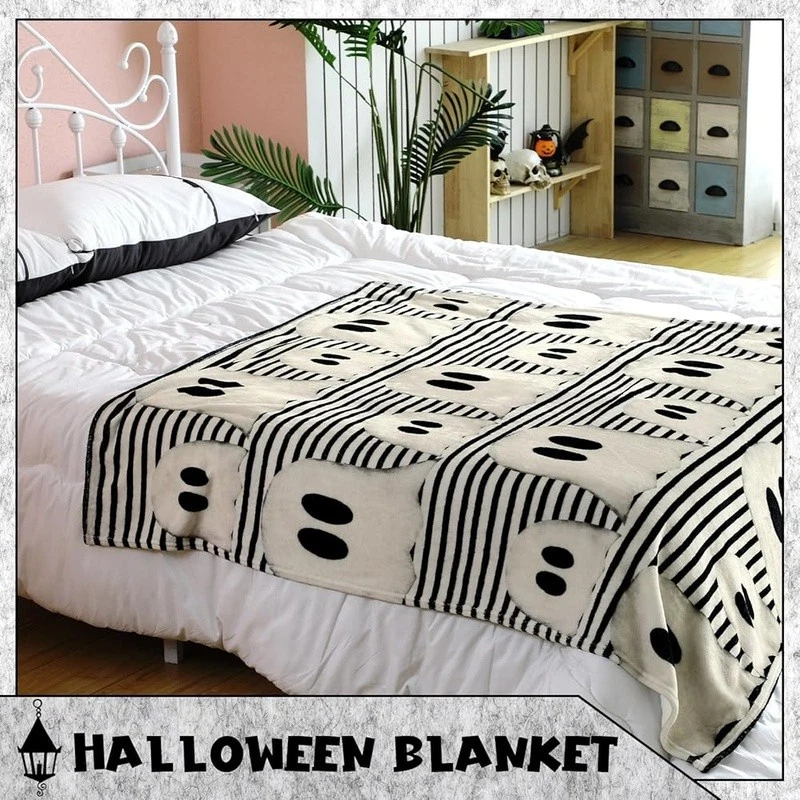 Soft Flannel Halloween Ghost & Striped Throw Blanket for Cozy Home Decor