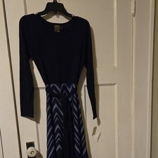 Taylor Womens Long Sleeve Chevron Knit Sweater Dress Black Blue Silver Size M