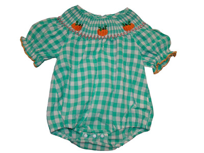 Boutique Girls Size 6 Months Smocked Pumpkin Green Check Bubble